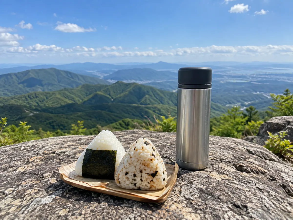 山頂の岩の上に置いたおにぎりと水筒