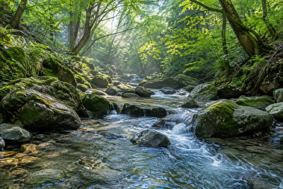 木漏れ日の中を流れる、澄んだ沢