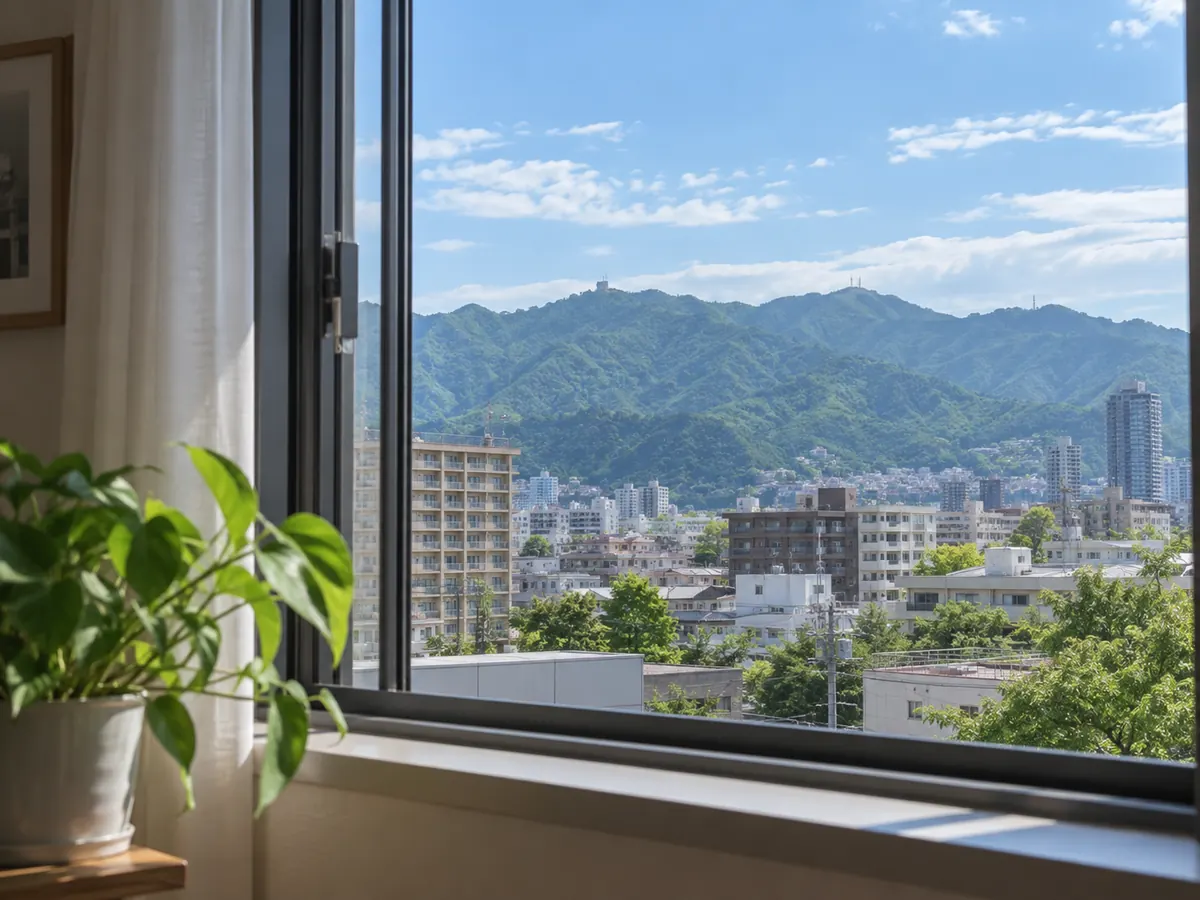 街の部屋の窓から見える、緑の六甲の山並み